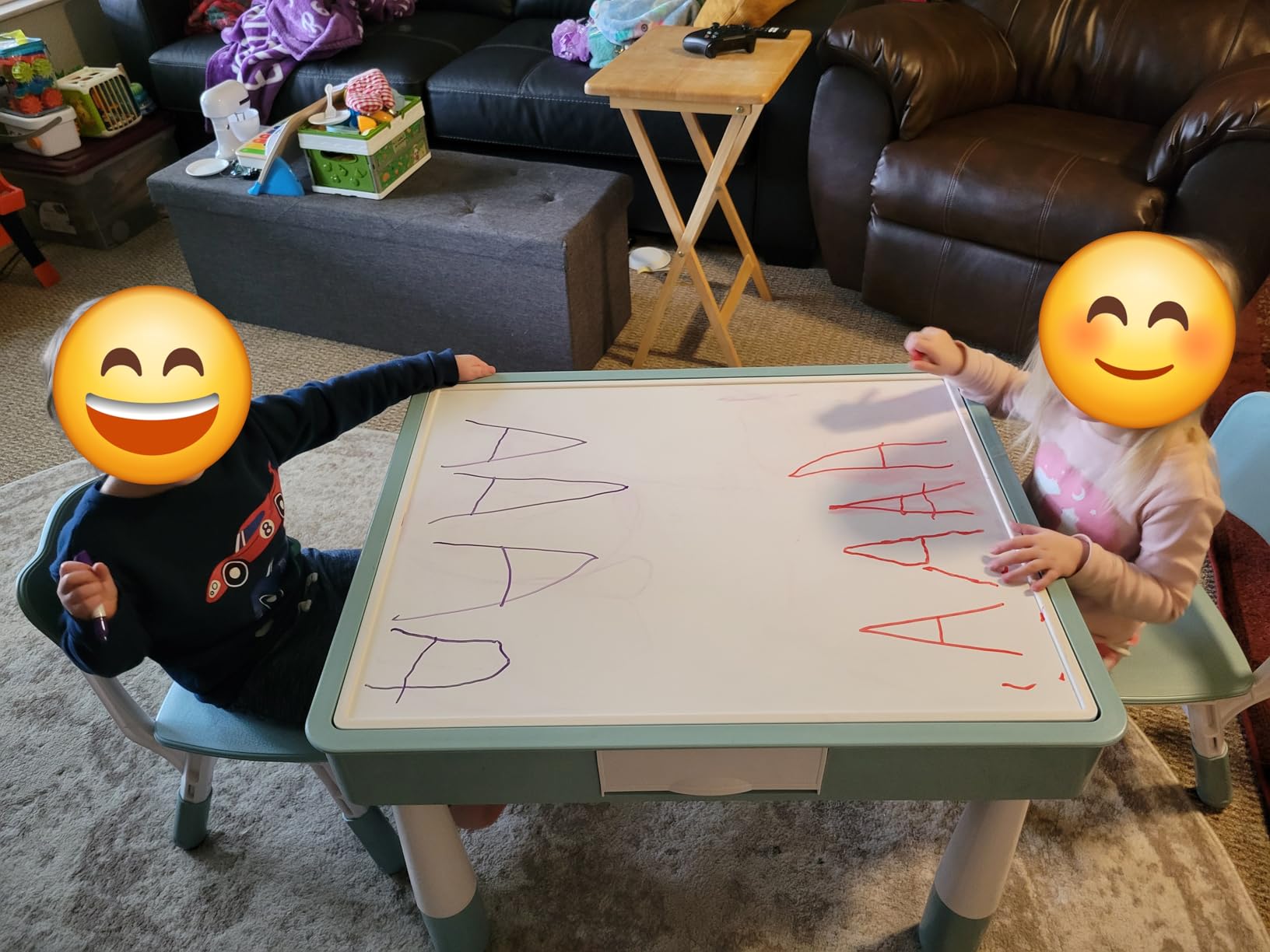 DOREROOM Kids Table & 2 Chairs Set, Double-Sided with Storage，Grayish Blue customer photo 1