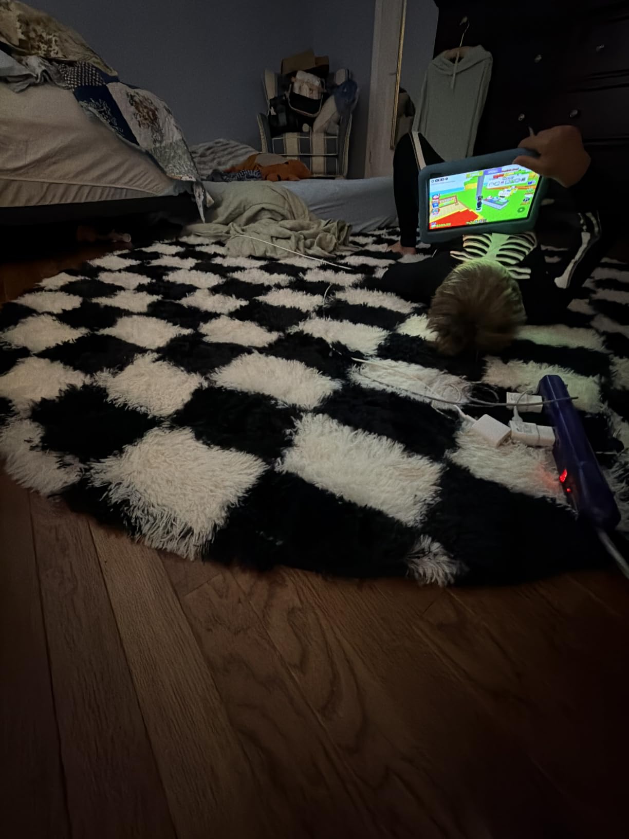 KICMOR Navy Blue and Cream White Rugs for Living Room, 4x6 Fluffy Fuzzy Shag Checkered Rug Shaggy Carpet for Bedroom, Soft Plush Area Rug for Nursery Toddler Room Classroom Study Room Kids Room customer photo 1