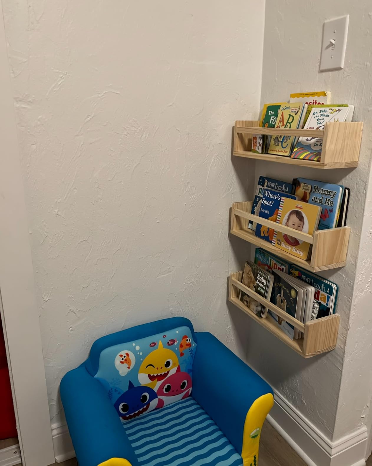 AZSKY 16 Inch Nursery Book Shelves Wall Floating Bookshelf with Hook Deep Walnut Hanging Book Shelf Toddler Room for Kids Room Bedroom Bathroom Living Room Kitchen Set of 3 customer photo 2