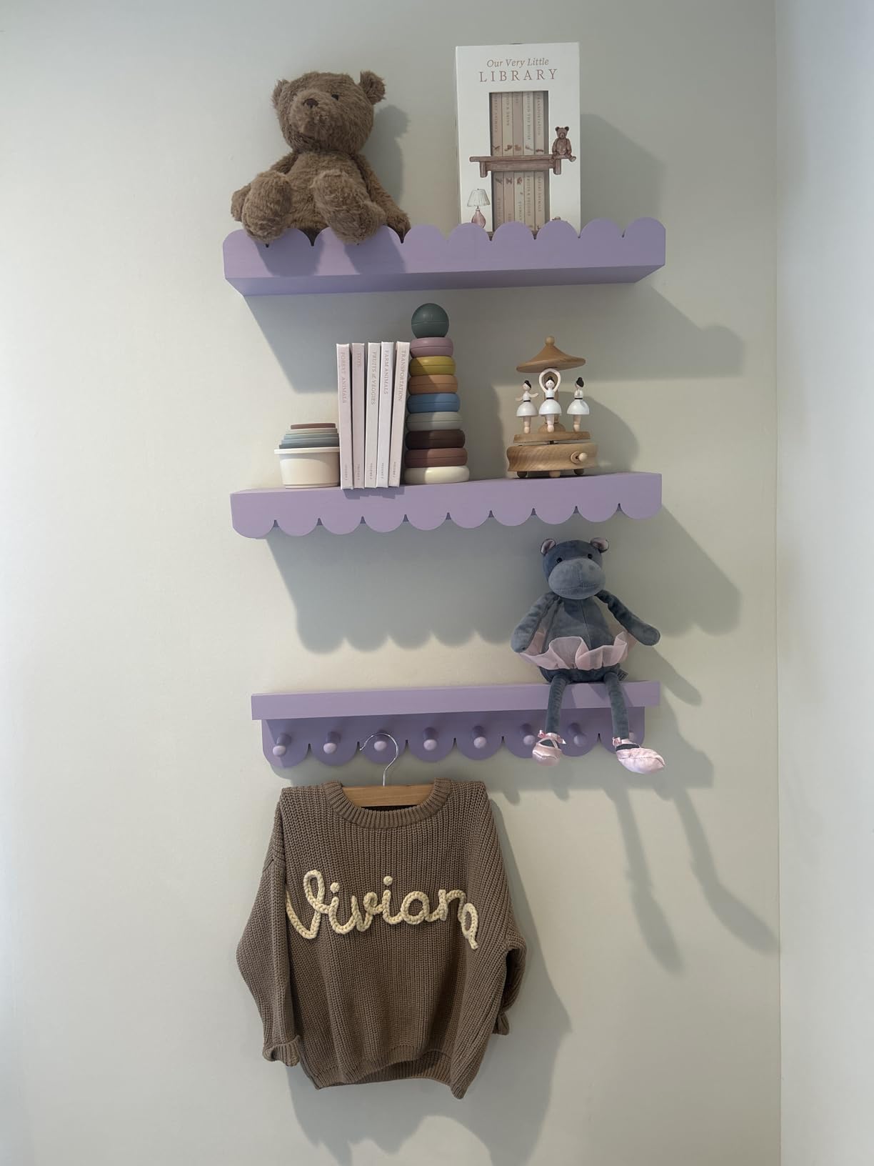 Wall Book Shelves for Bedroom Kids with Hooks - Scalloped Shelves for Nursery Set of 3, Nursery Bookshelf for Wall Room Decor, 16 Inch customer photo 1