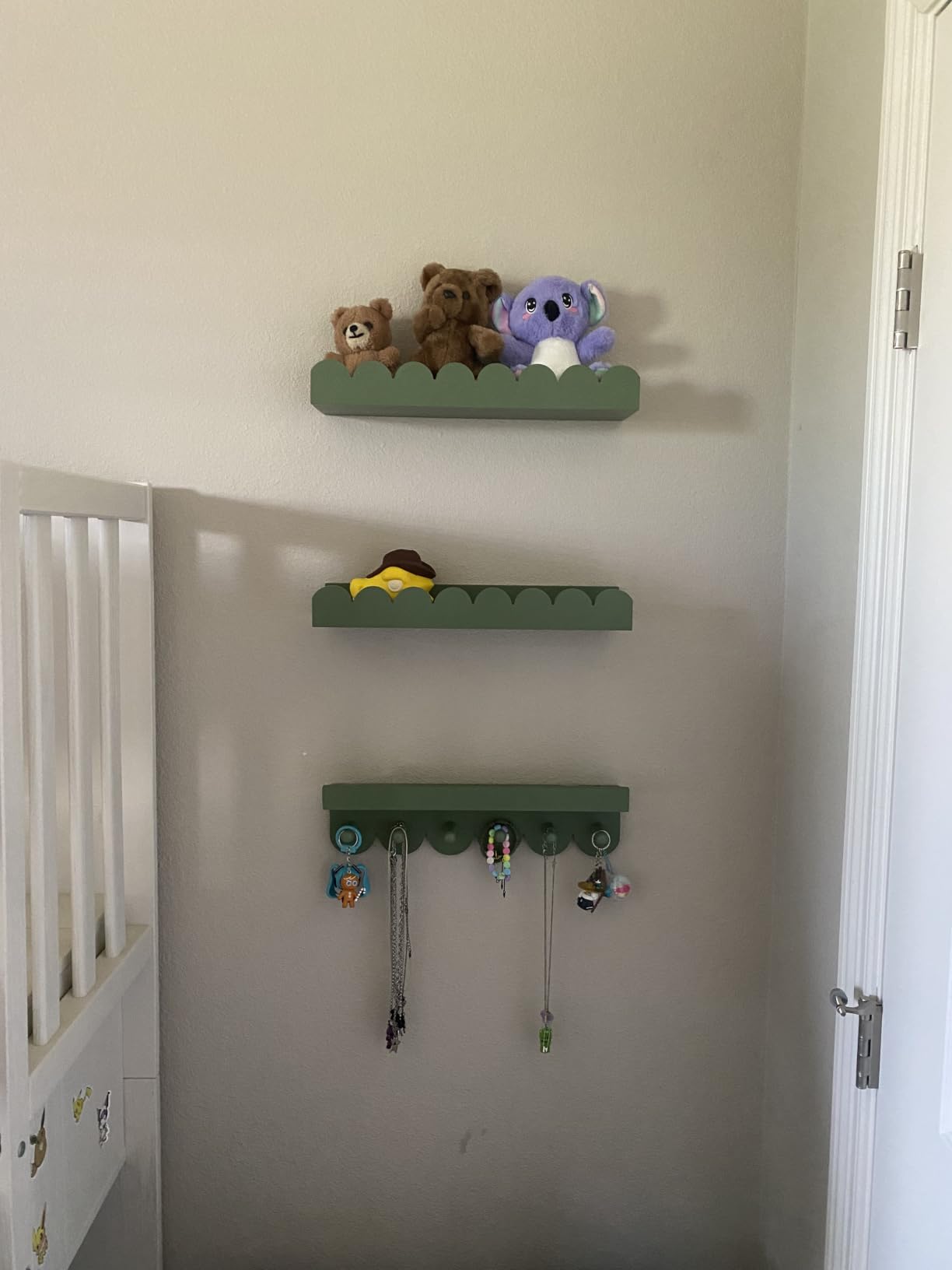 Wall Book Shelves for Bedroom Kids with Hooks - Scalloped Shelves for Nursery Set of 3, Nursery Bookshelf for Wall Room Decor, 16 Inch customer photo 2