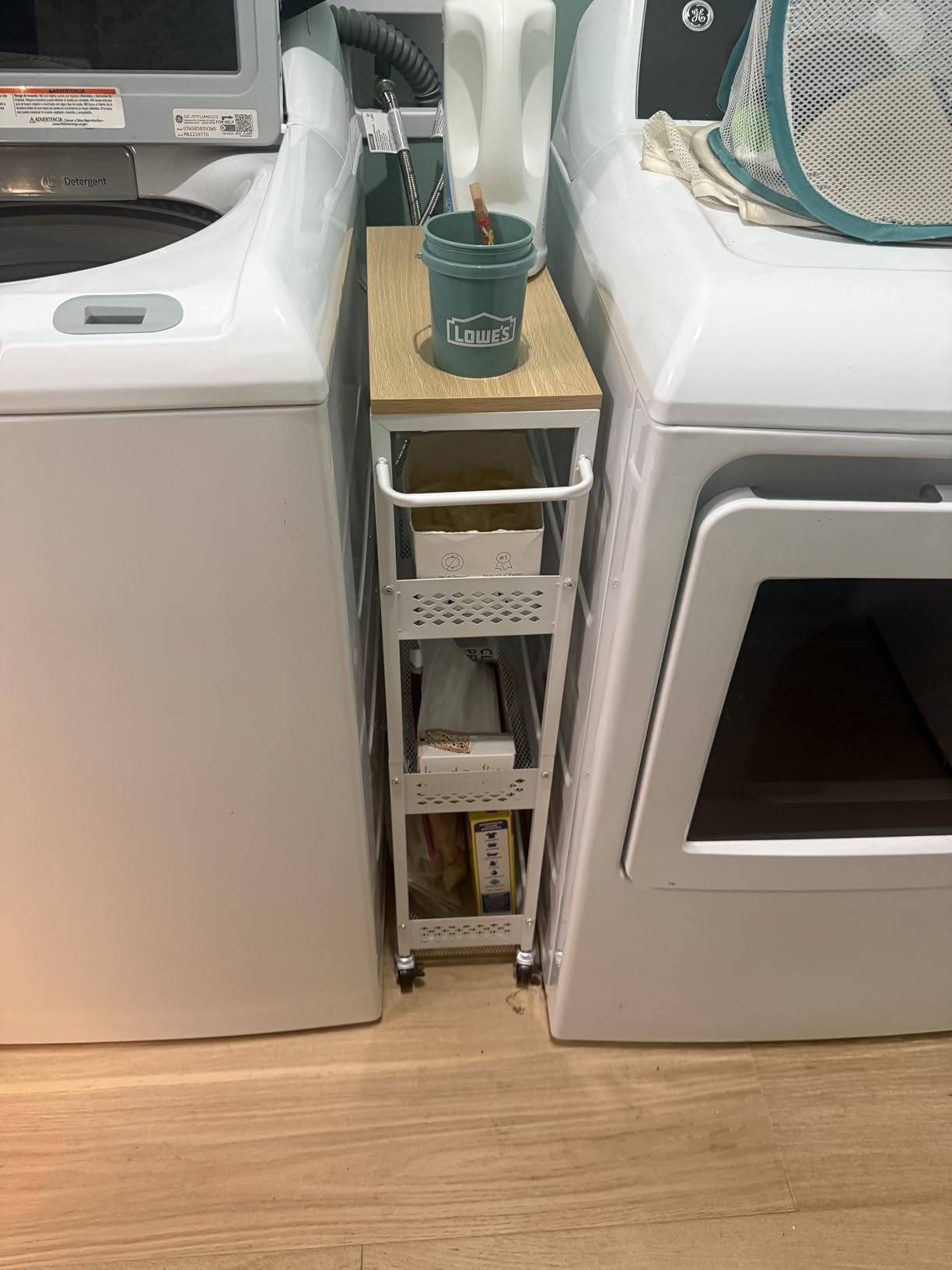 OKZEST Slim Laundry Room Organization Cart with Upgraded Metal Hub Casters | Fits between washer & dryer, 4-Tier space-saving narrow rolling cart, Premium wood top & metal mesh shelf, with handle & hook customer photo 2