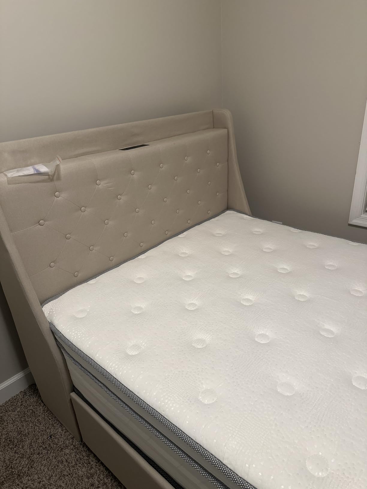 Feonase Queen Bed Frame with 4 Storage Drawers, Upholstered Storage Bed with Charging Station, Tufted Wingback Headboard, No Box Spring Needed, Dark Grey customer photo 1