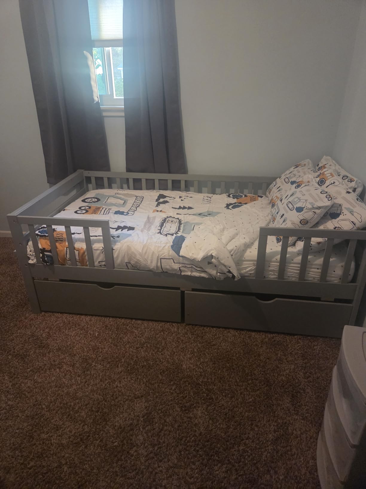 GIANTEX Twin Kids Bed with Storage Drawers, Wood Montessori Bed with Rails & Side Shelf, Low Daybed for Boys, Girls, No Box Spring Needed (White) customer photo 2