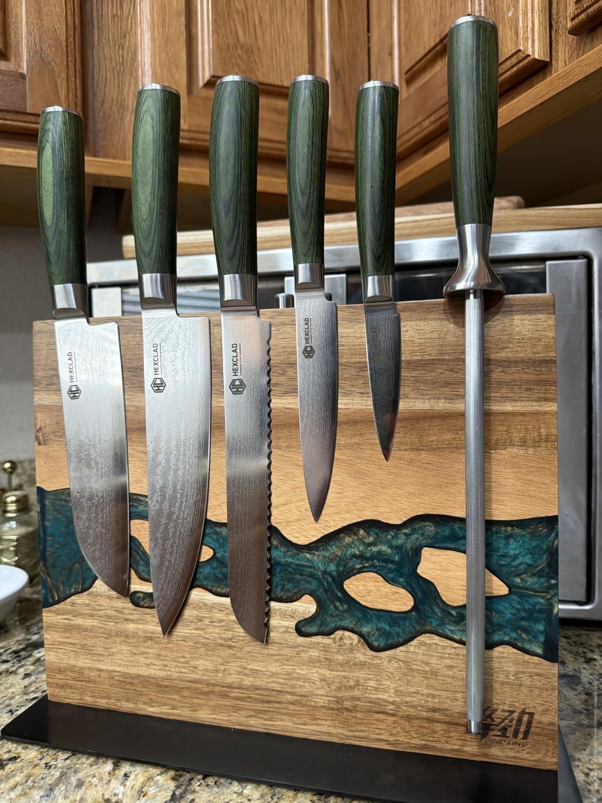 FINDKING Magnetic Knife Block, Double Sided Holder, Powerful Magnet Kitchen Storage, Acacia Wood and Blue Resin (12 x 10 Inches, Without Knives) customer photo 1