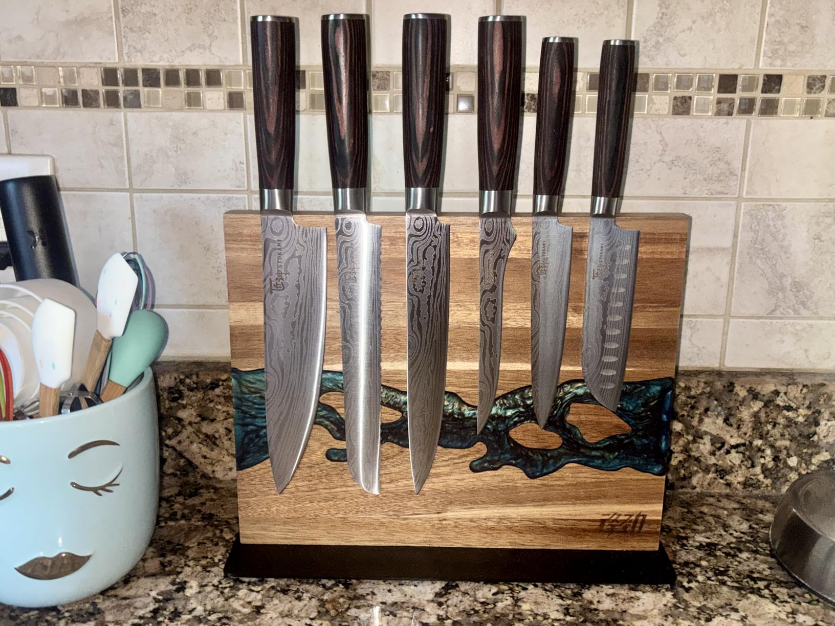 FINDKING Magnetic Knife Block, Double Sided Holder, Powerful Magnet Kitchen Storage, Acacia Wood and Blue Resin (12 x 10 Inches, Without Knives) customer photo 2