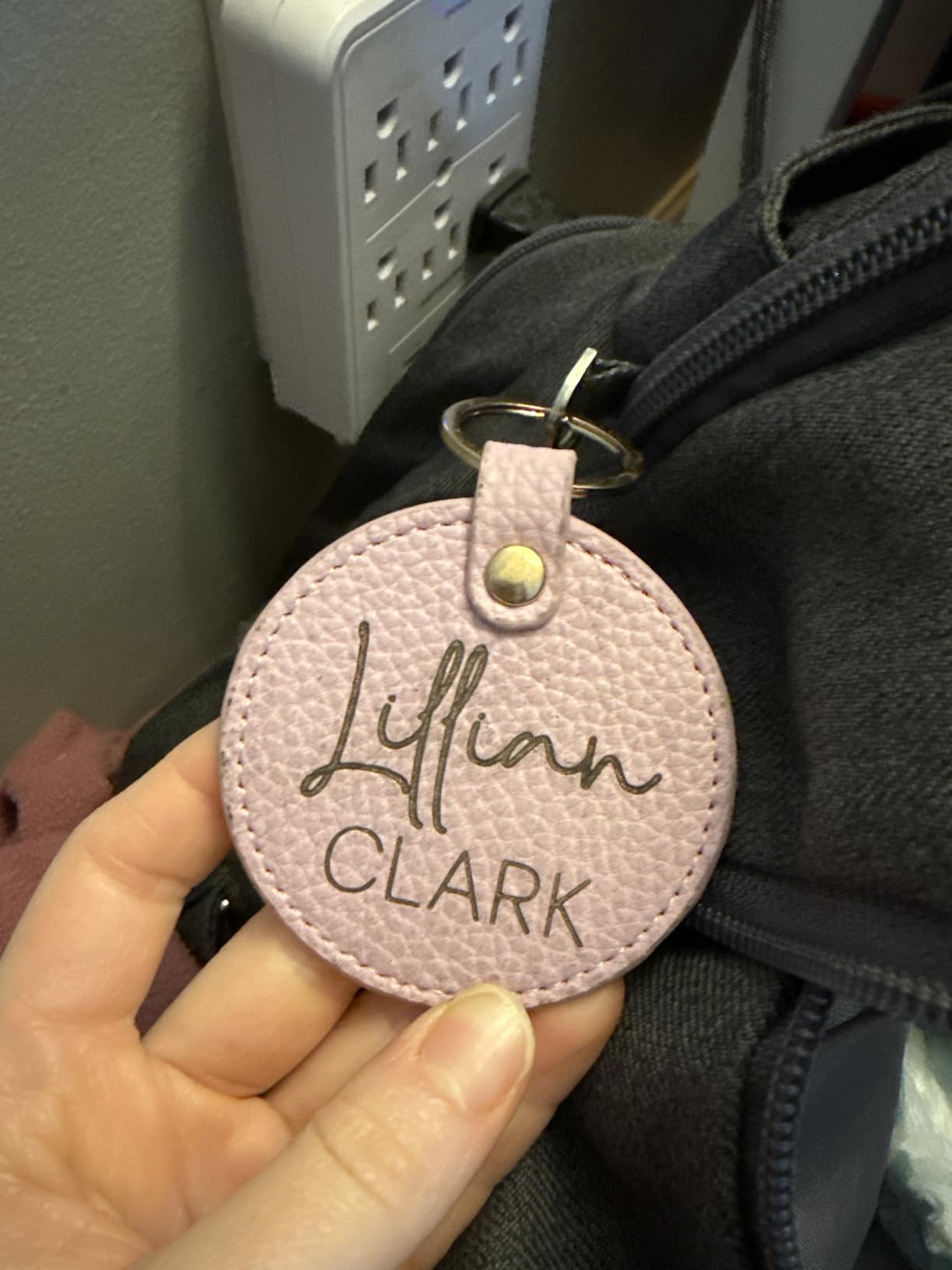 Personalized Tags, Diaper Bag Keychain, Booksack Tag, Backpack Label, Leather Keychain, Personalized Name for Bags, Luggage Tag, Engraved (White, Both Names Script) customer photo 1