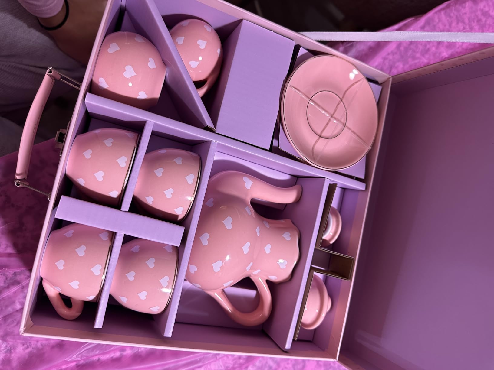 TUZT Tea Party Set for Little Girls Ages 3-8, Pink Heart Porcelain Tea Set with Gold Trim Edges, Princess Tea Time Toy Includes Pot & Cups & Saucers & Suitcase, Birthday Gifts for Toddlers Girls customer photo 1