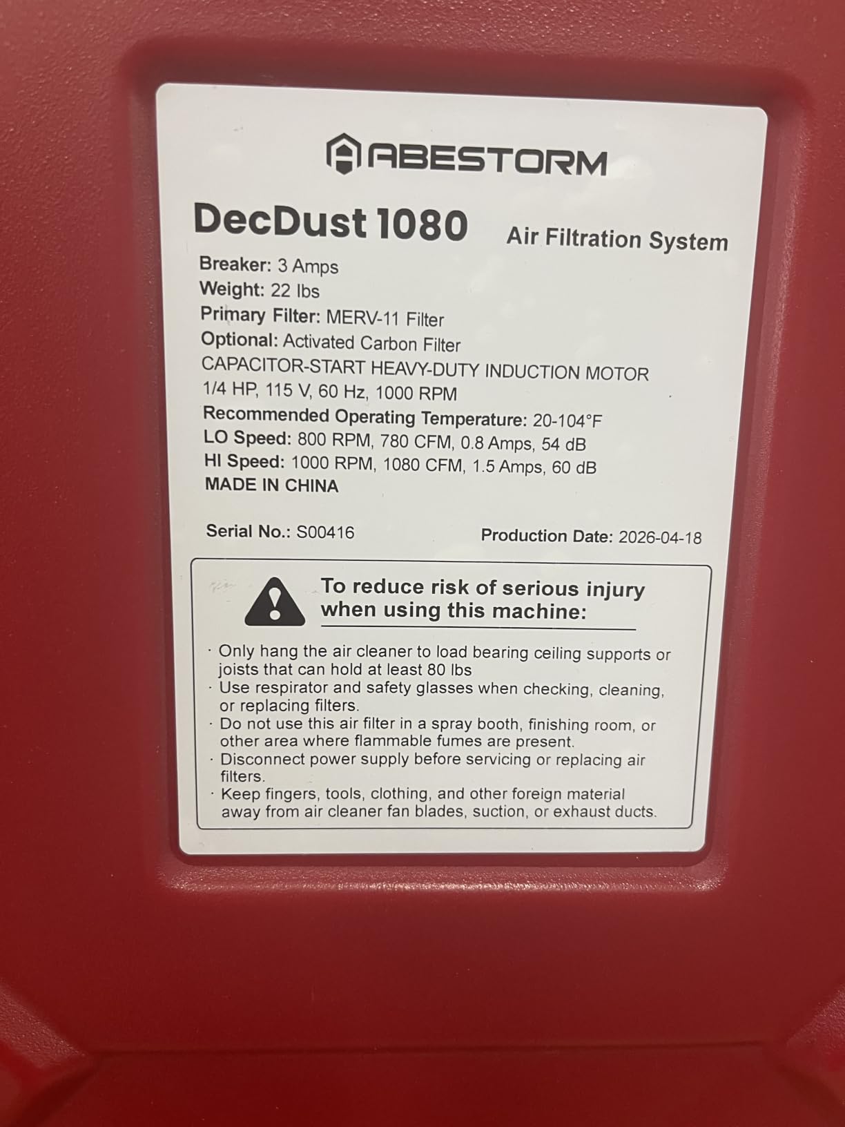 Abestorm 1080 CFM Intake Air Filtration System, 270 Degree Workshop Dust Collector with Remote Control, Ceiling Mounted for Woodworking Shops and Garage, 2-speed Adjustment, DecDust 1080 customer photo 2