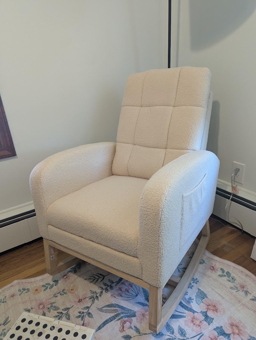 NIOIIKIT Modern Nursery Rocking Chair, Teddy Upholstered Rocking Chair with Footrest, Comfortable Rocker Glider with Side Pocket, Rocker Glider for Living Room, Bedroom, Nursing Room (Beige) customer photo 1