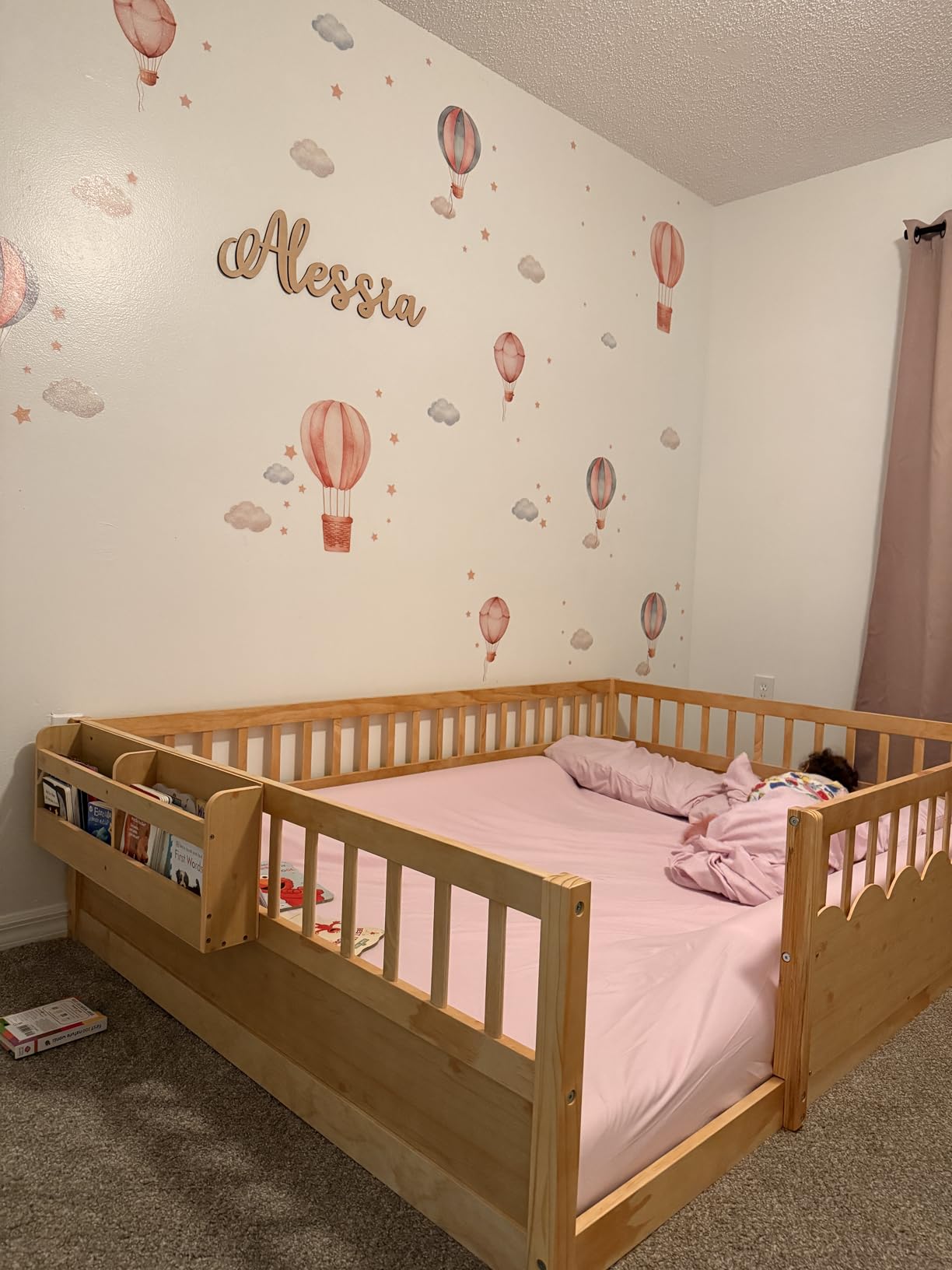 Montessori Floor Bed with High Rails,Full Size Floor Bed Frame for Kids, LED Lights & Storage Shelf, Safe & Wider Opening Gate Design, Playground & Sleep Space for Girls Boys,Natural customer photo 1