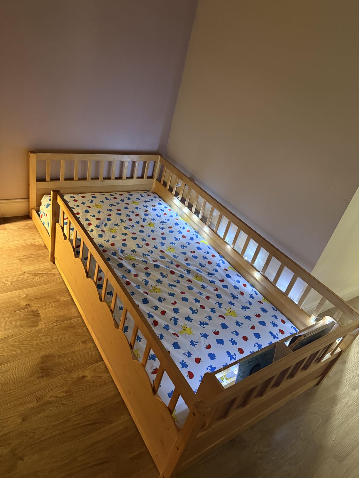 Montessori Floor Bed with High Rails,Full Size Floor Bed Frame for Kids, LED Lights & Storage Shelf, Safe & Wider Opening Gate Design, Playground & Sleep Space for Girls Boys,Natural customer photo 2