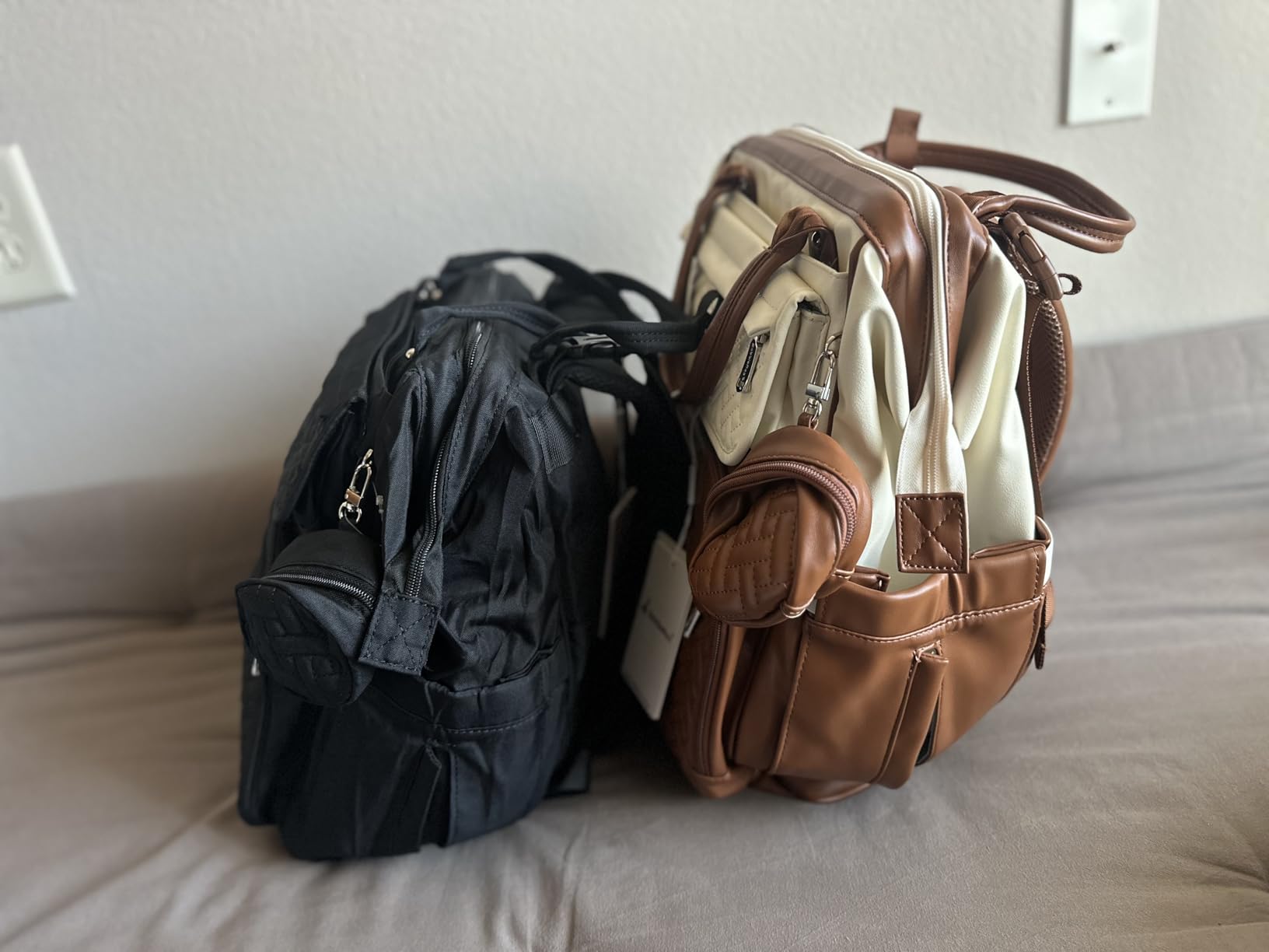 BabbleRoo Leather Diaper Bag Backpack, Multifunction Large Bags with Changing Pad & Stroller Straps & Pacifier Case, Unisex Stylish Travel Back Pack Nappy Changing Bag for Moms Dads (Caramel Cream) customer photo 1