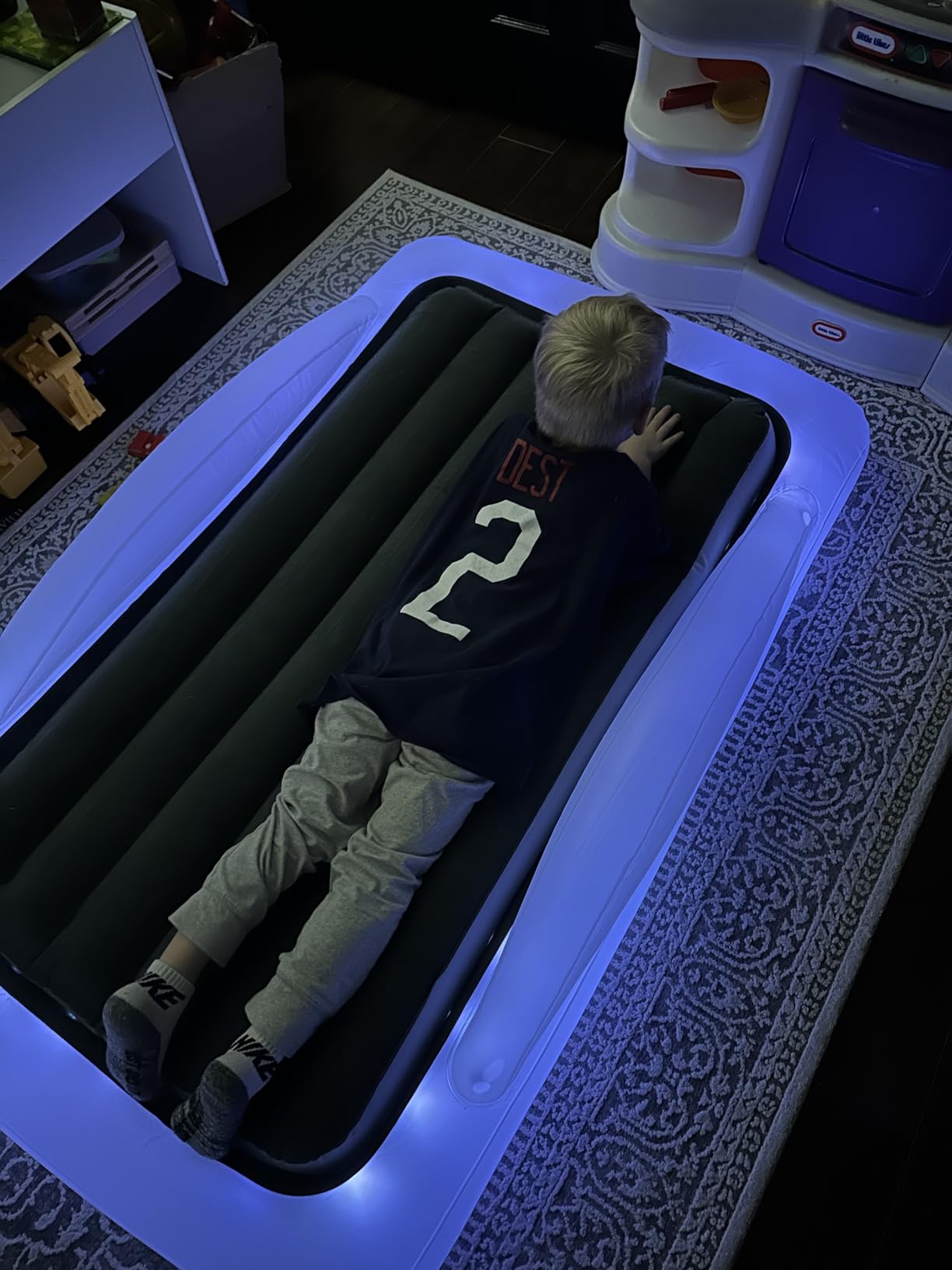 GLOWBED - Inflatable Twin-Sized Family Travel Bed with Safety Bumpers | Built-in LED Lights for The Bedroom Color Changing Strip | Portable Toddler Bed for Kids | Toddler Air Mattress with LED Lights customer photo 1