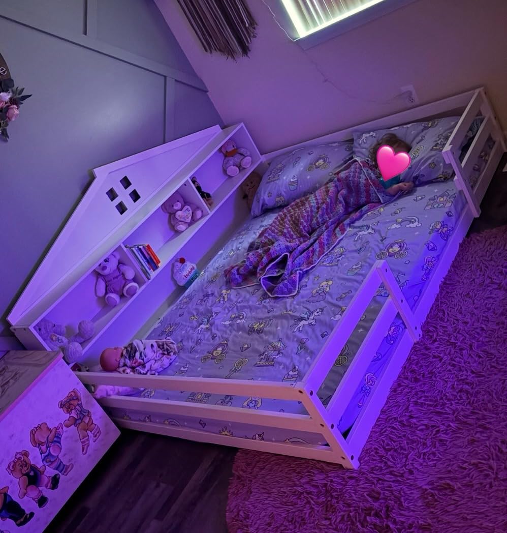 GIANTEX Full Size Floor Bed for Kids, Low Montessori Bed with Wood Slats & Safety Guardrails, Solid Wood Full Floor Beds with Fence and Door for Kids Boys Girls, White customer photo 2
