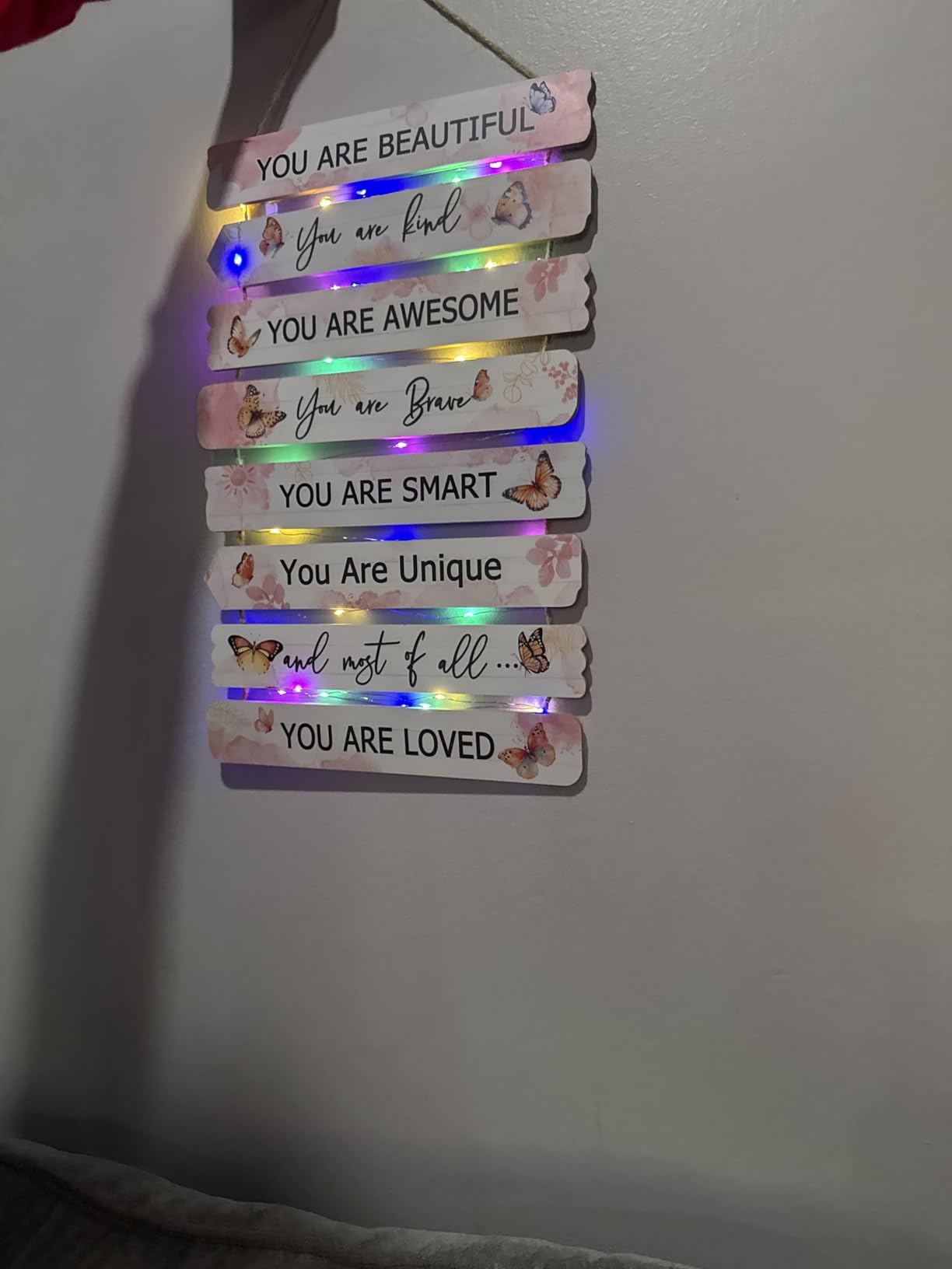 Vintage Classic Butterfly Sign Nursery Wall Decor Set of 8 with LED Lights, 11.4x2 Pink Cute Plaque Wall Art for Baby Girl Kid Teen Toddlers, 8 PCS Positive Wooden Quote Gift for kawaii Fairy Room customer photo 2