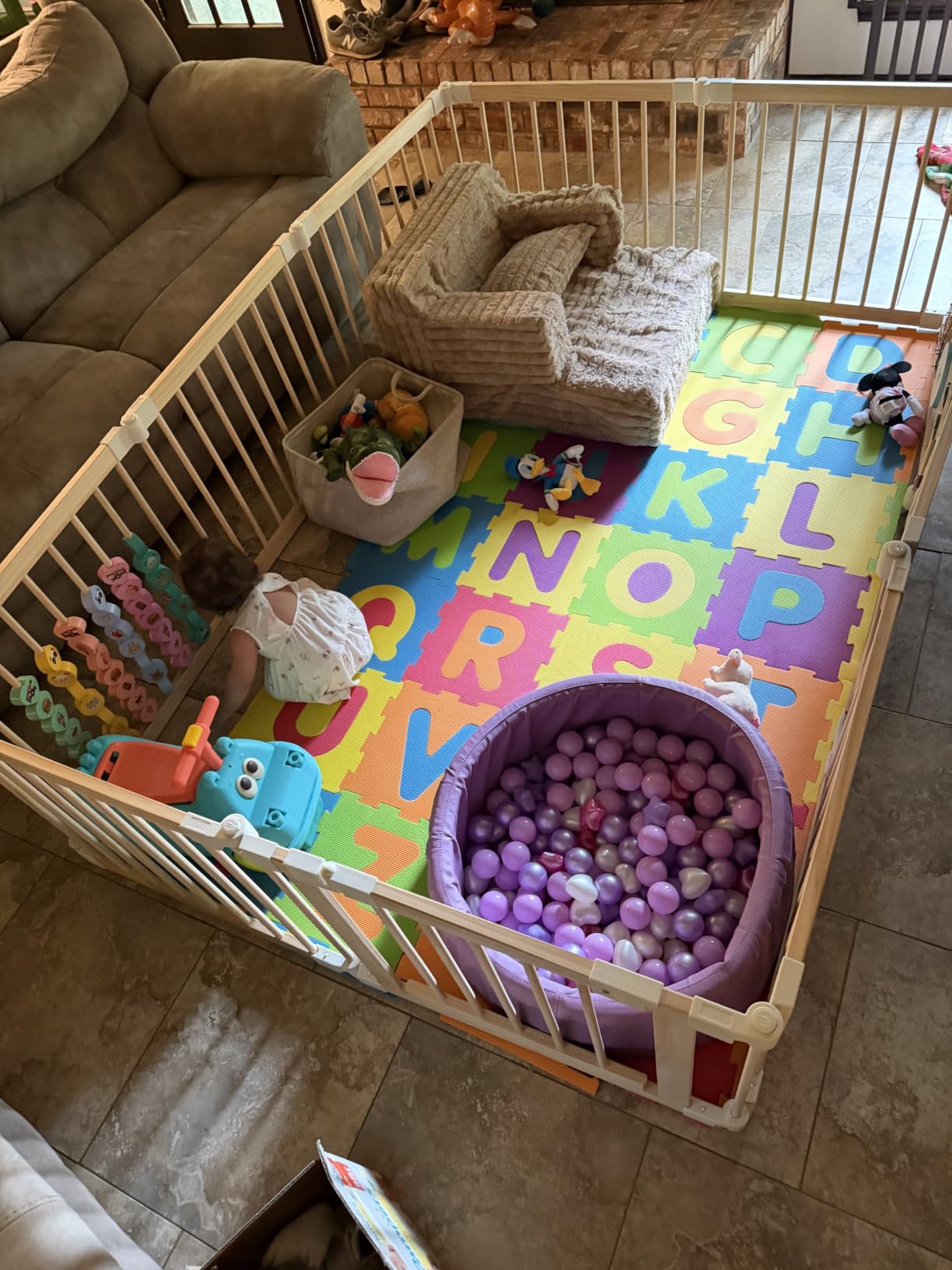 Wooden Baby Playpen, Foldable Play Yard with Built-in Toys 85