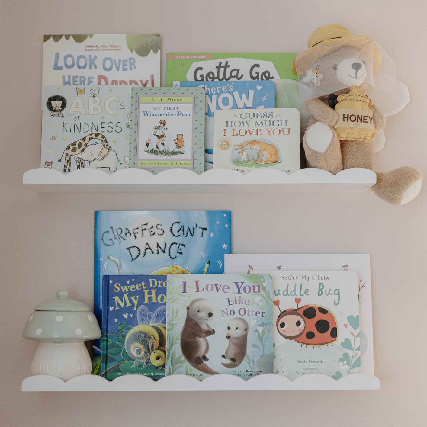 Fixwal Nursery Shelves, 16.5 Inch Floating Bookshelves for Wall Set of 4, Scalloped Wall Book Shelves with Towel Rack for Kids, Toddler Room, Baby Room, Nursery Decor and Storage(White) customer photo 2