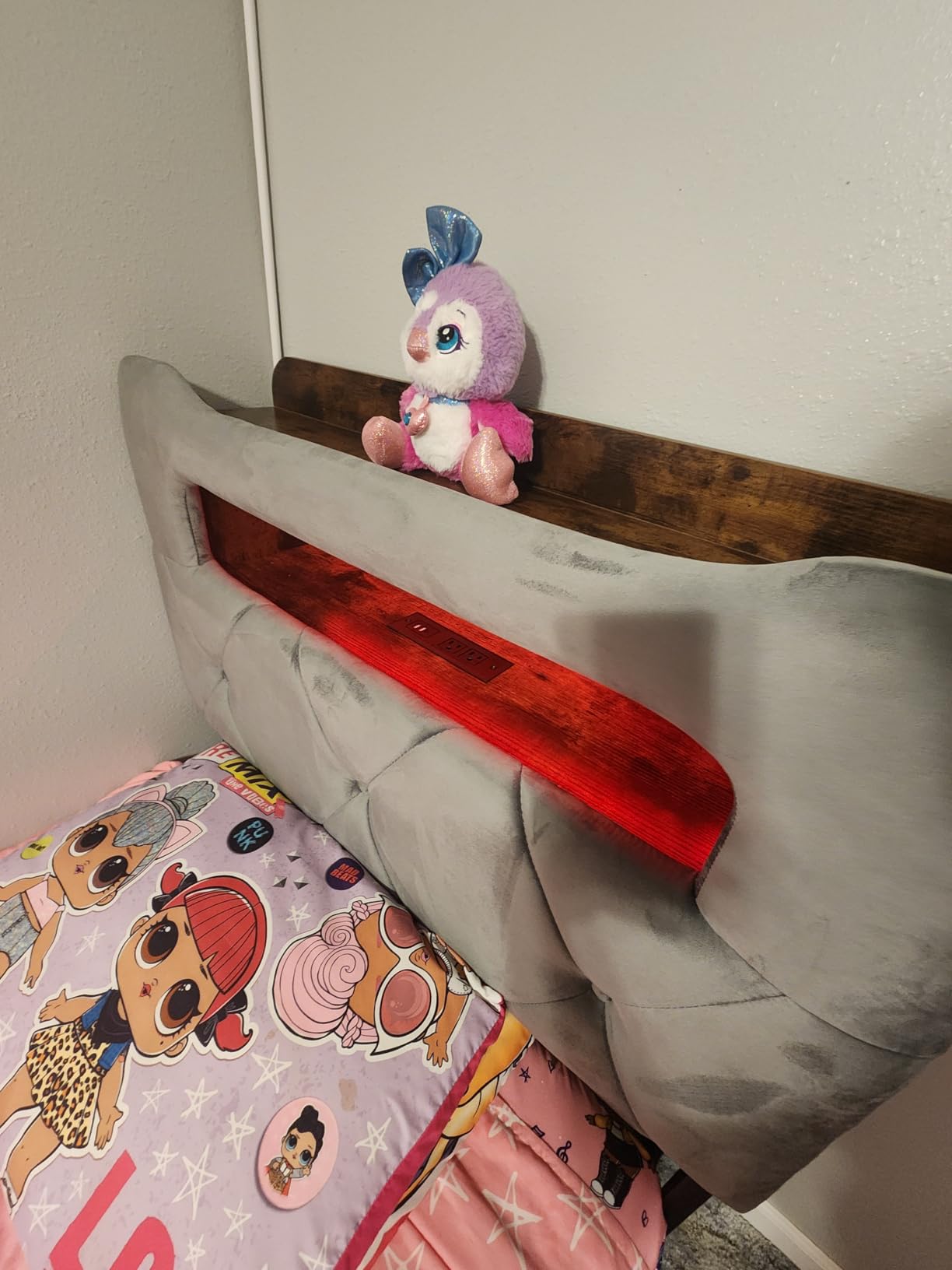 Jocoevol Twin Upholstered LED Bed Frame with 2 Storage Drawers and 2-Tier Storage Bookcase Headboard, Velvet Platform Bed for Kids/Girls/Boys, Heavy Duty Metal Support, No Box Spring Needed, Grey customer photo 1