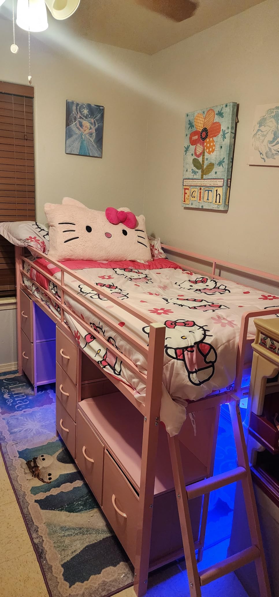 ADORNEVE Kids Low Loft Bed Twin Size with 7 Drawers, Bookcase, LED Lights | Pink Metal Loft Bed with 14