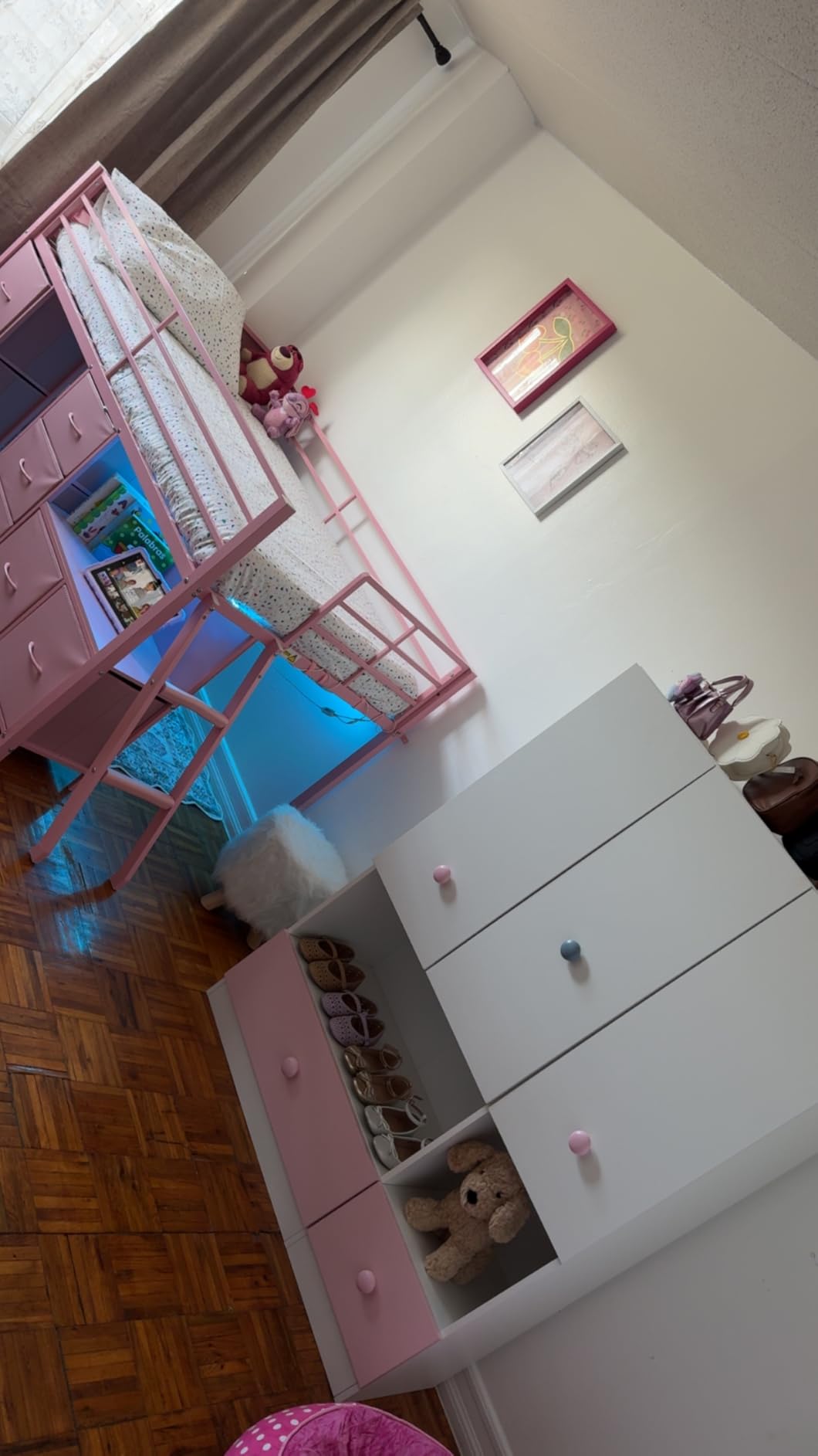 ADORNEVE Kids Low Loft Bed Twin Size with 7 Drawers, Bookcase, LED Lights | Pink Metal Loft Bed with 14