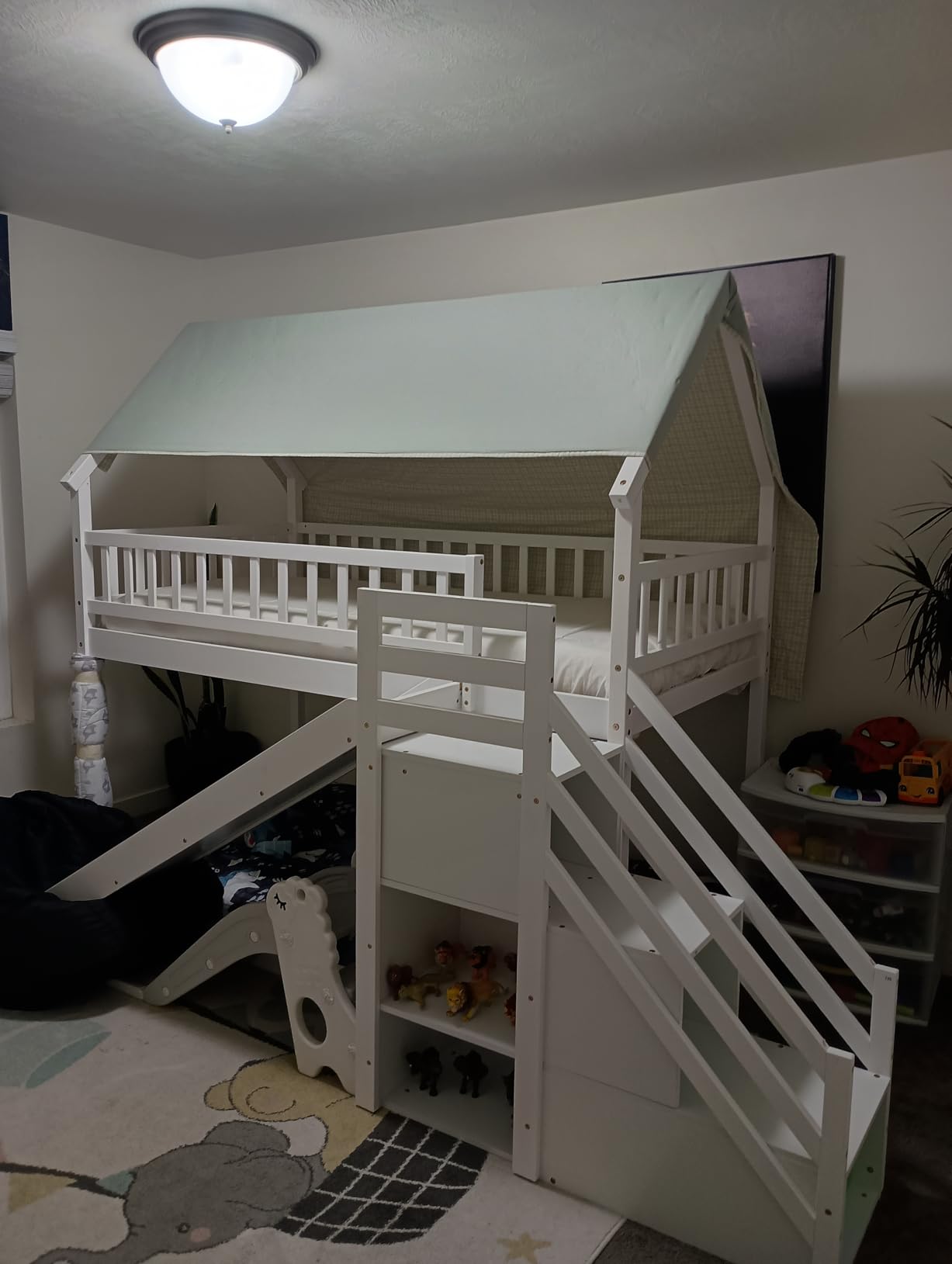 KOMFOTT Wood Twin Over Twin Bunk Bed with Slide & Staircase, Twin House Bunk Bed with Safety Guardrails & Storage, Floor House Bed with Wooden Slat Support for Boys Girls, No Box Spring Needed (Grey) customer photo 2