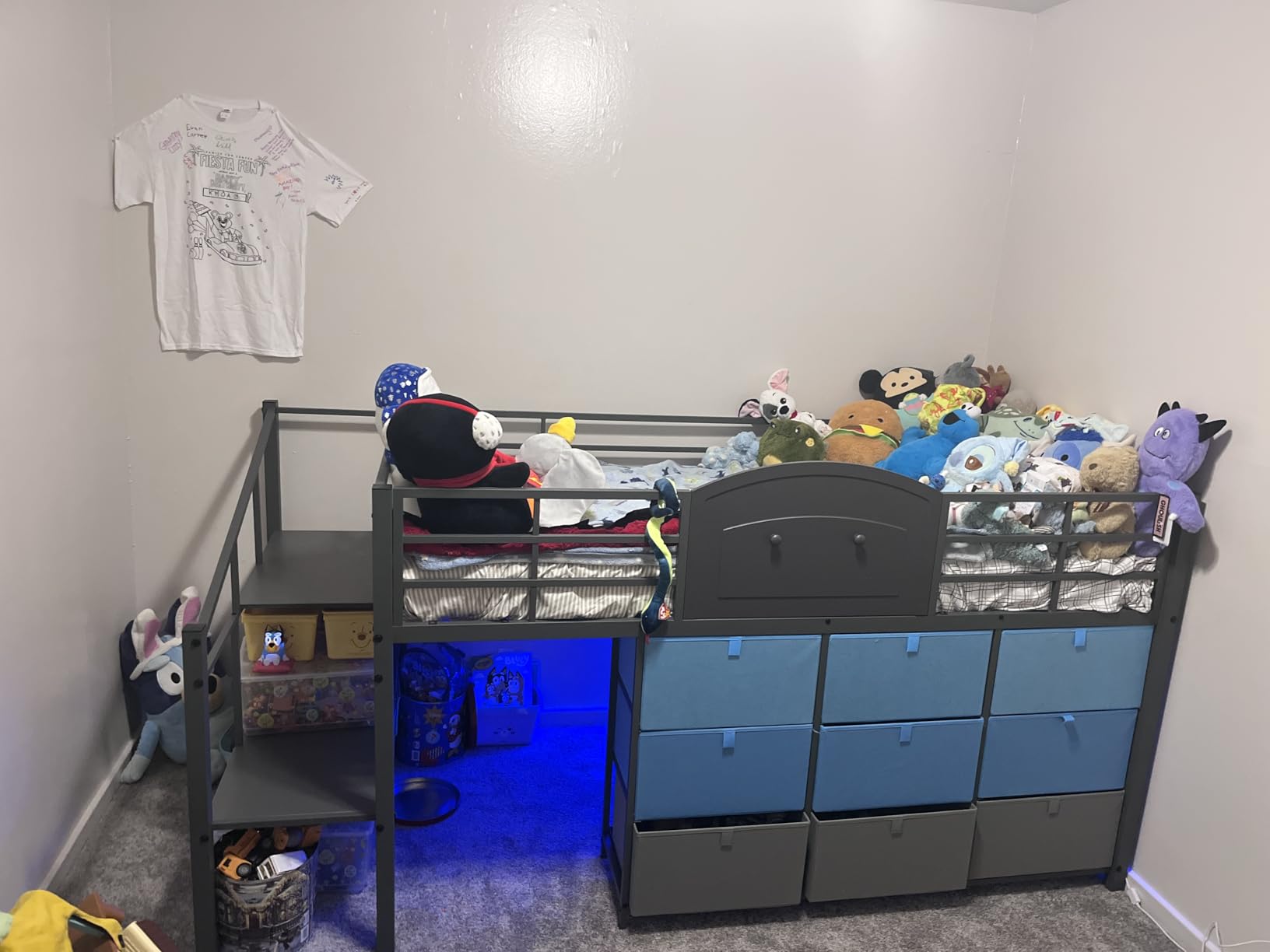 VIAGDO Low Loft Bed Twin Size with 9 Storage Drawers and LED Lights, Metal Twin Loft Bed with Stairway Shelf Storage, Low Loft Bed with Safety Guardrail and Under-Bed Hideaway for Kids, White customer photo 1