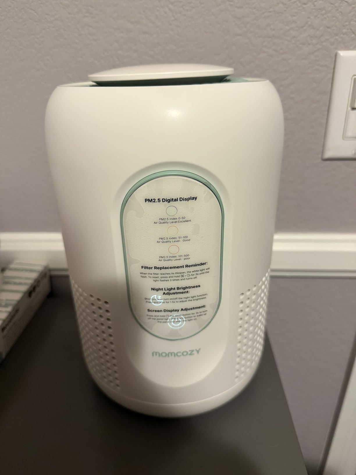 Momcozy Air Purifier for Bedroom with Dimmable Night Light for Small Room | Air Purifier for Baby with True HEPA & Activated Carbon Filter, Real-time PM2.5 Air Monitor, 4 Fan Speeds, 21dB Sleep Mode customer photo 2