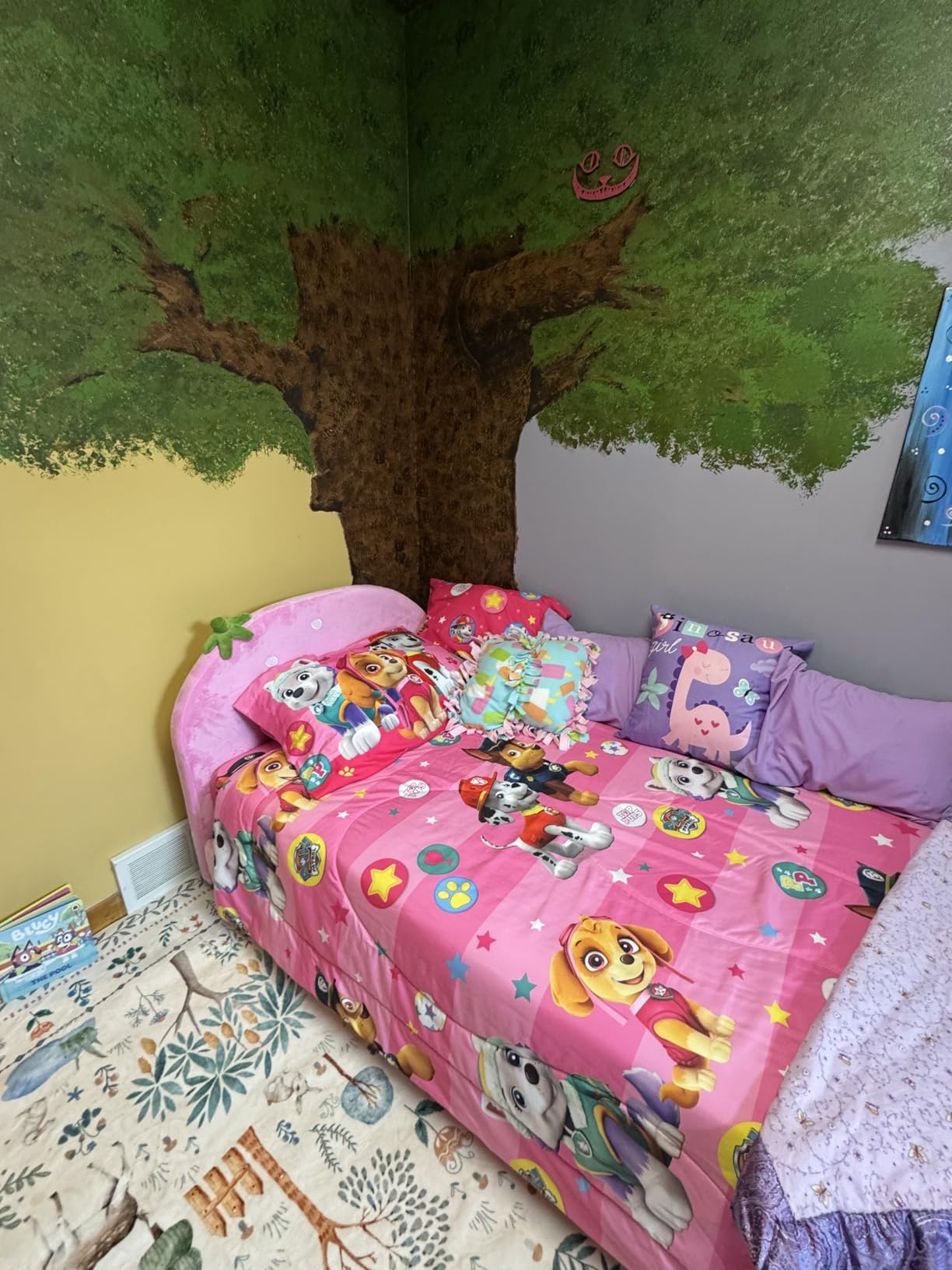 Costzon Twin Floor Bed Frame, Upholstered Kids Bed with 210D Oxford Cloth Floor Mat, Middle Support Slat & Padded Boards, Montessori Floor Bed for 3+ Kids (Purple Rainbow) customer photo 1