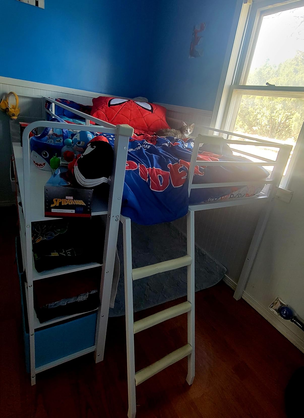 DICTAC Low Loft Bed with Slide,Storage Stairway and Led Lights Metal Twin Size Loft Bed with Under-Bed Play Space,Art Table & Play Curtain Twin Beds with 2 Drawers and 13.8''H Safety Guardrail,Black customer photo 1
