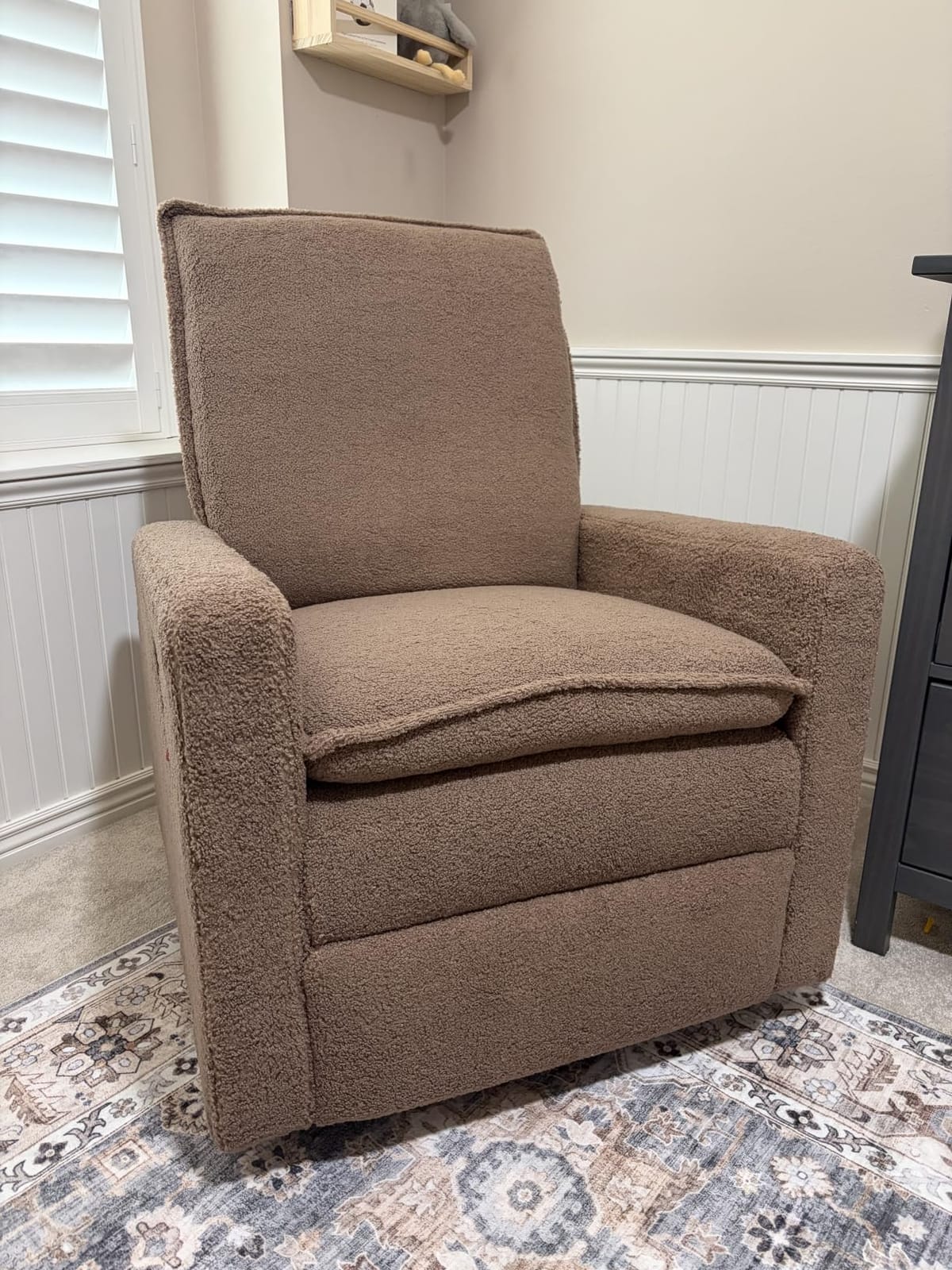 Oxford Baby Uptown Upholstered Glider Recliner Rocking Chair 360° Swivel for Nursery and Living Room - Teddy Brown, Green Guard Gold Certified customer photo 1