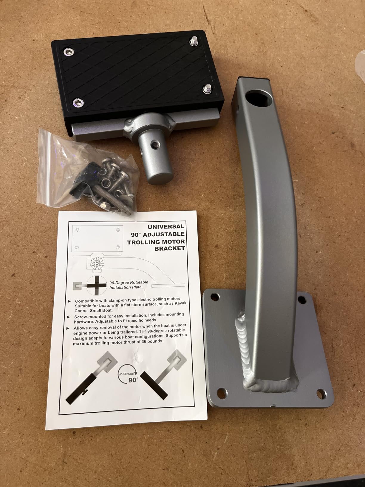 Universal 90 Degree Adjustable Trolling Motor Bracket for Clamp-on Electric Motors Deck Mount, Marine Aluminum & Nylon, Holds Up to 36lbs Thrust, Easy Screw Mount for Kayak Canoe Small Boat customer photo 2